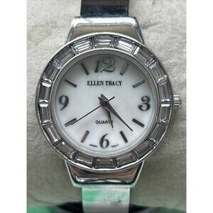 Ellen Tracy Silver Tone Rhinestone Bezel Women’s Quartz Cuff Watch